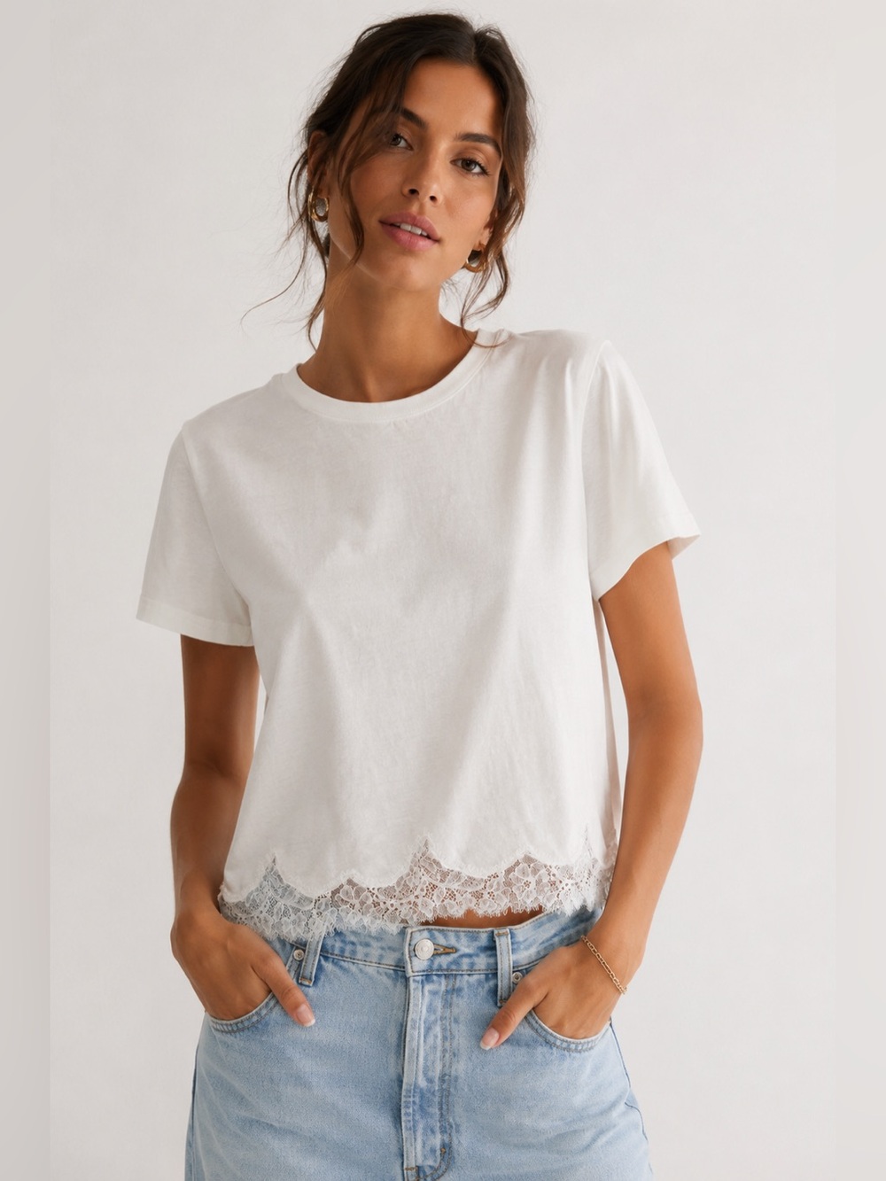 J.Crew Lace Trim Cotton T-Shirt Top White Lace Hem Cotton Size Small S